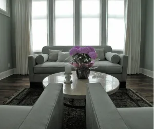 Custom sofa upholstery with matching draperies and window treatments