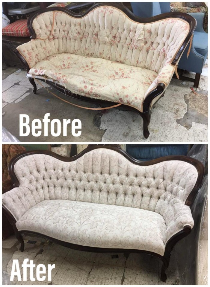 Before and after photo of antique furniture that has been reupholstered