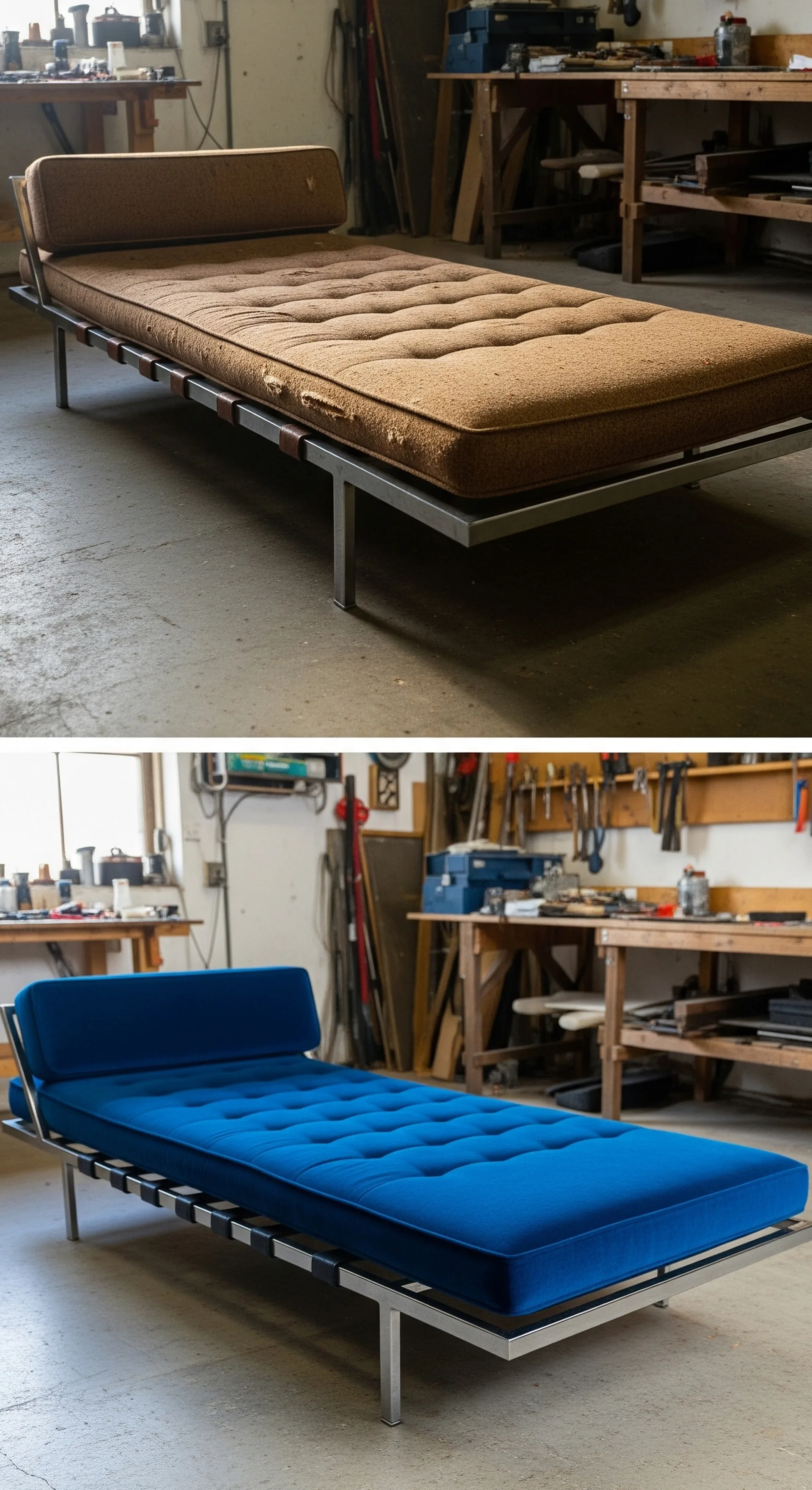 Before and after designer furniture upholstery in linen