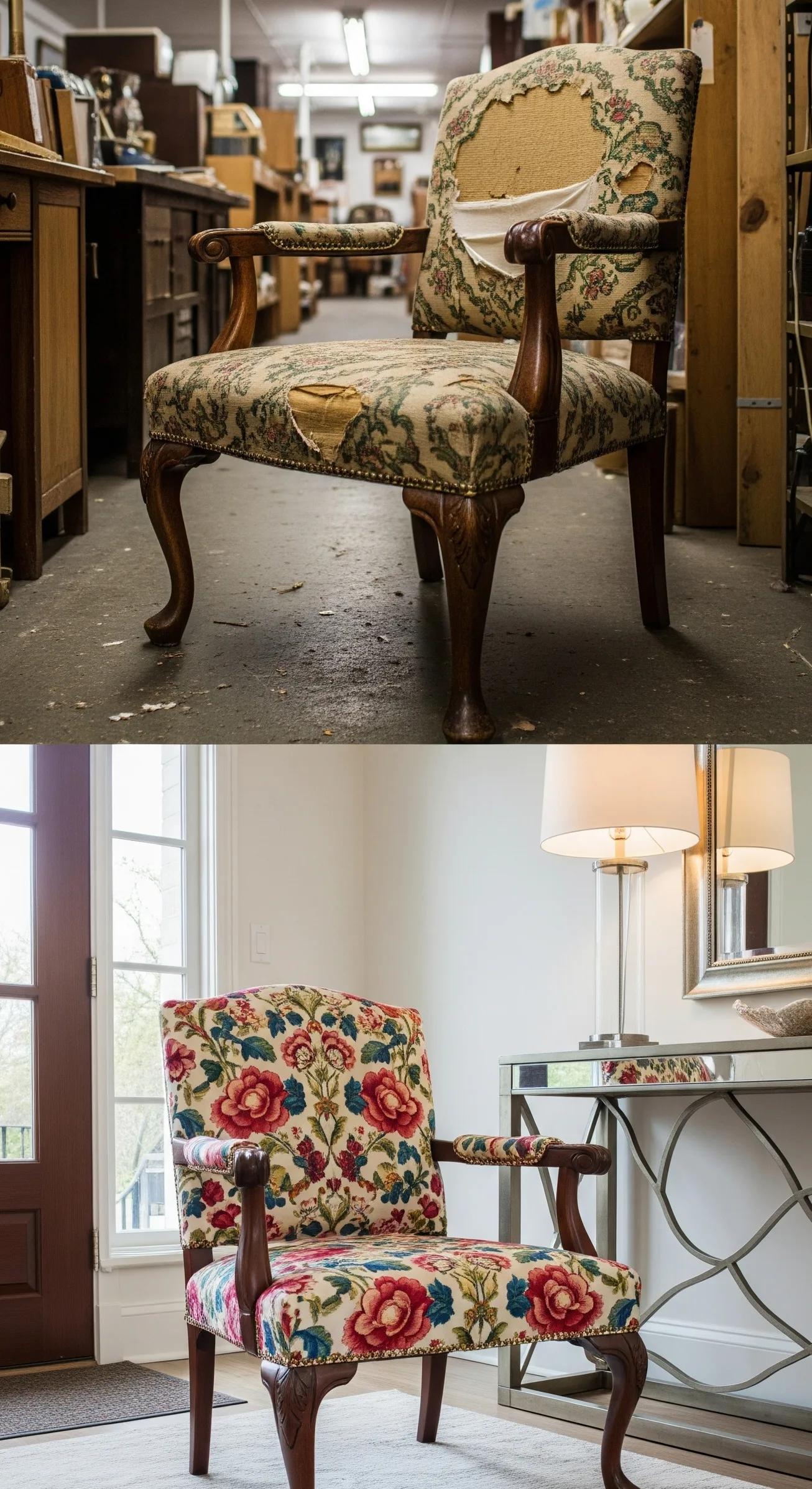 Queen Anne style accent chair upholstery example in Alexandria VA