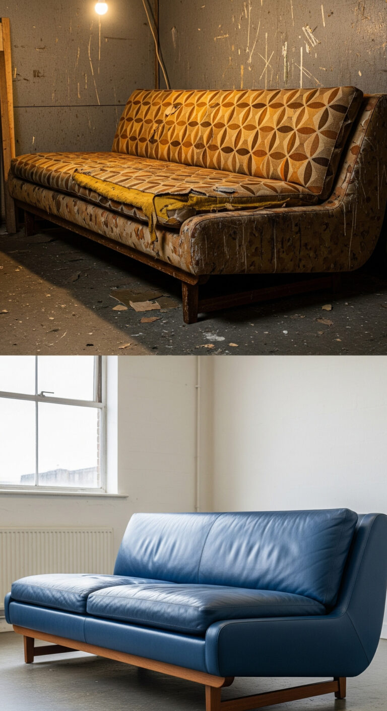 Mid-century modern blue leather sofa by Best Upholstery