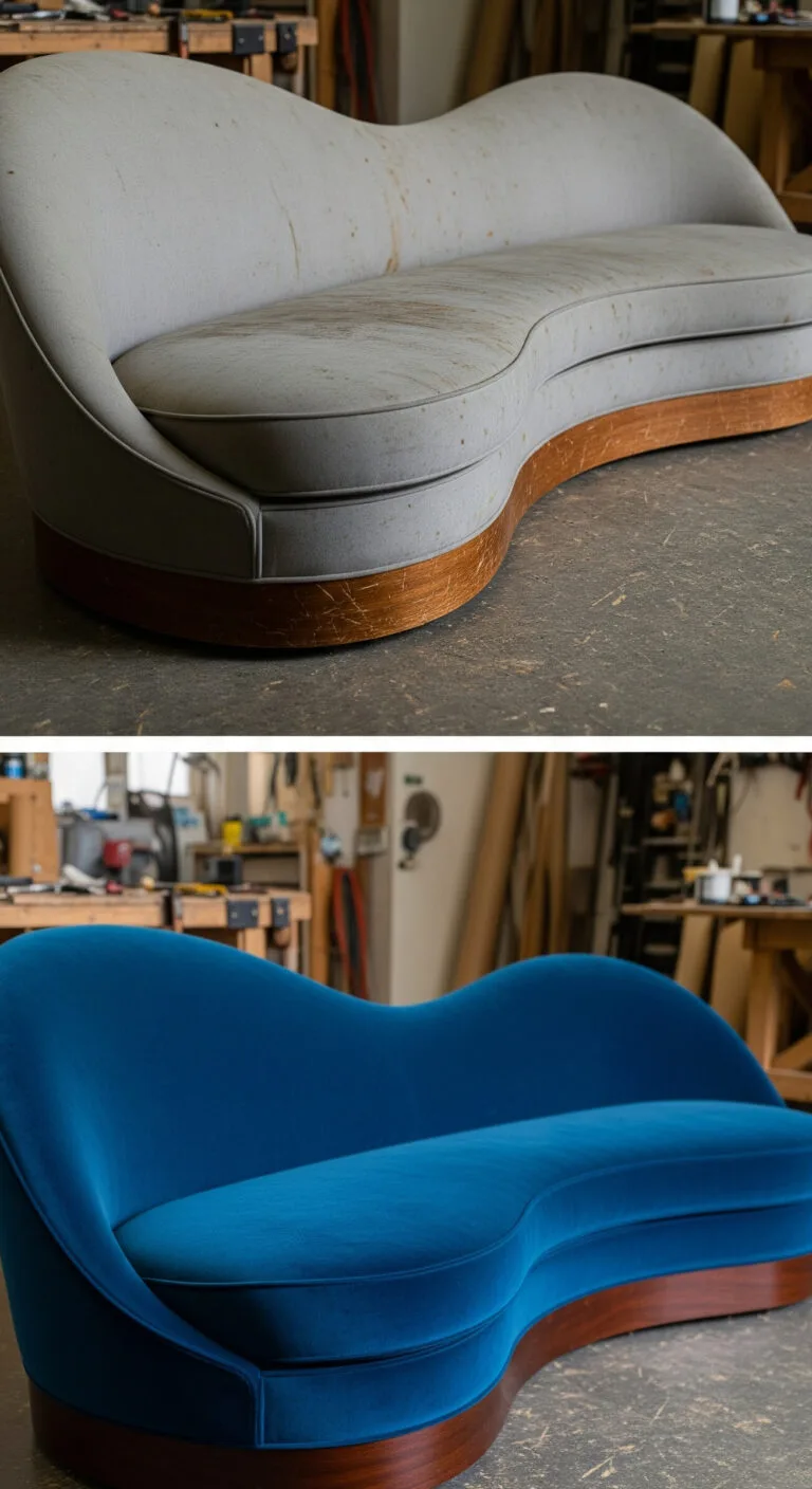Curved blue velvet settee by Best Upholstery