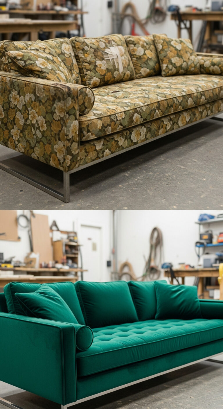 Emerald green modern sofa with metal base by Best Upholstery