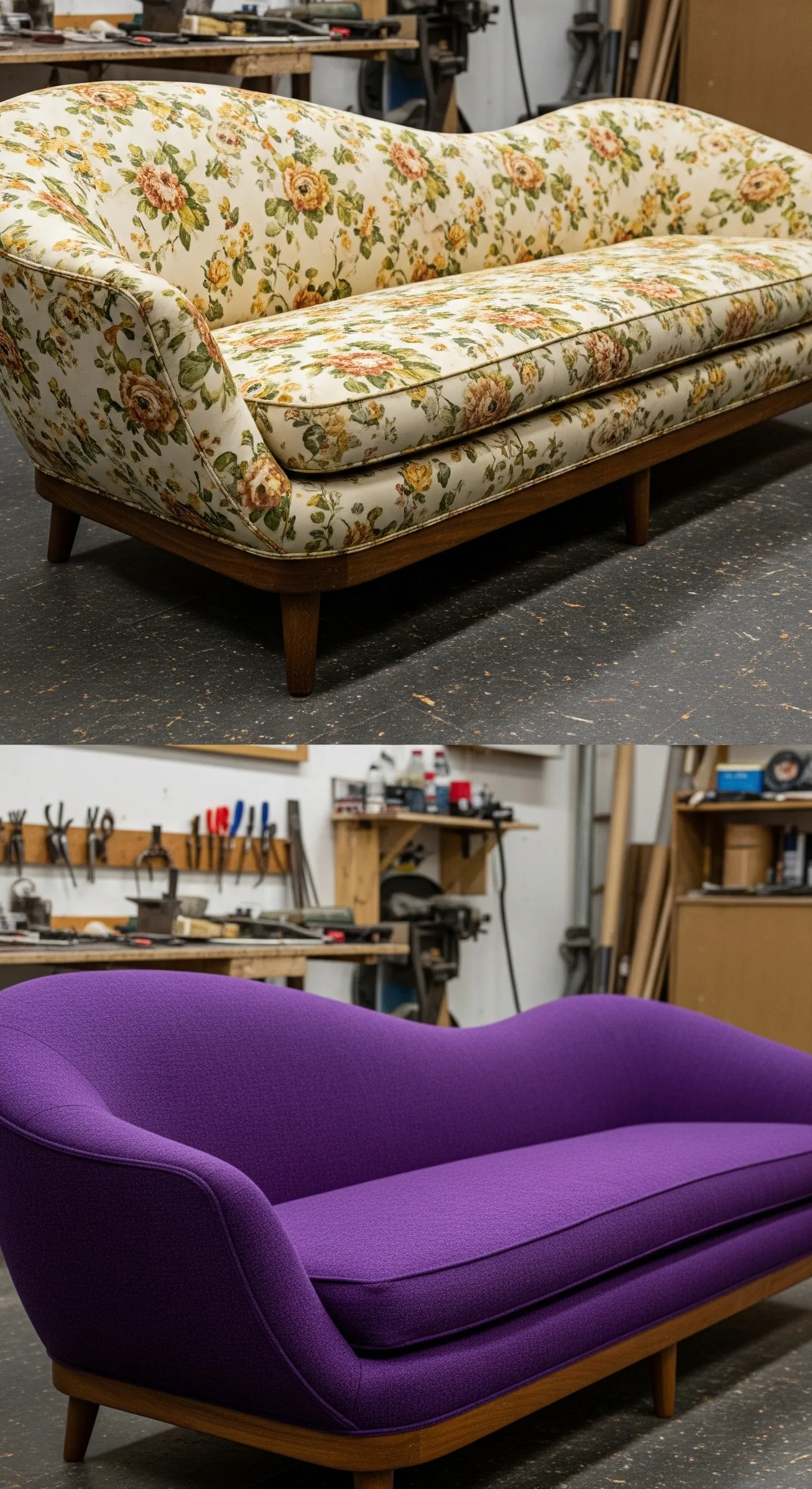 Vintage curved-back settee upholstery example for Alexandria customers