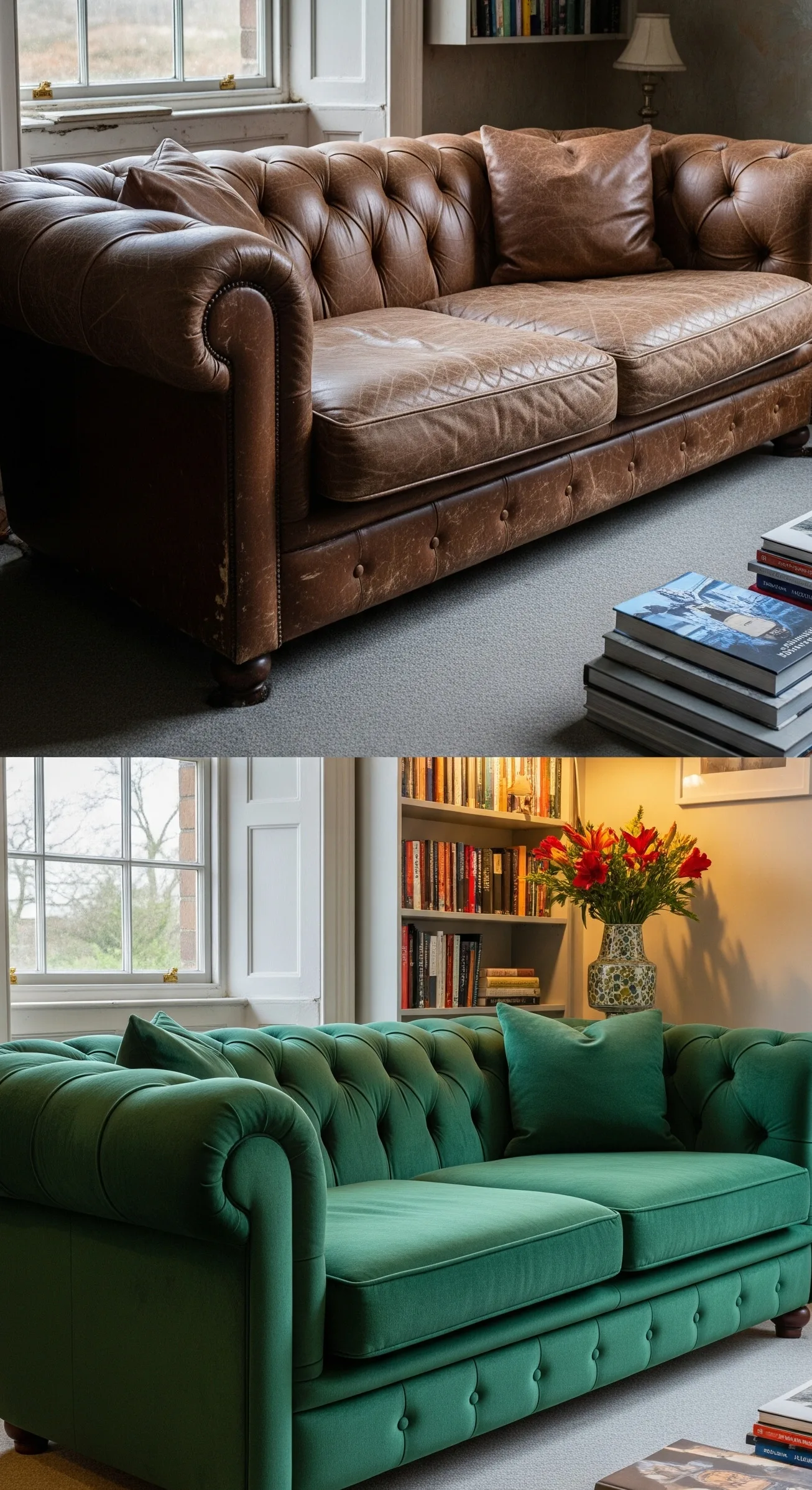 Before and after button tufted Chesterfield sofa upholstery example