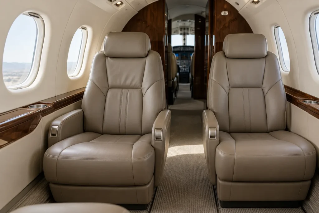Tailored taupe aircraft passenger seats with padded backs