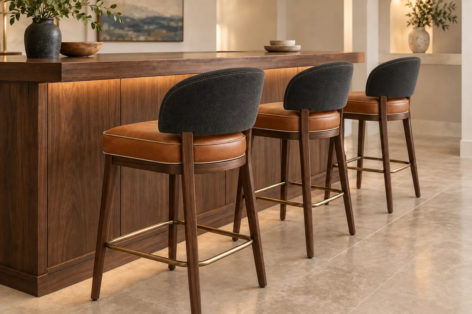 Bar stool upholstery concept with charcoal backrests, caramel seats and walnut frames