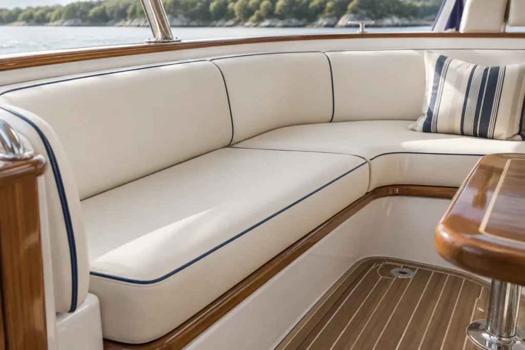 Ivory marine vinyl boat cushions with navy piping