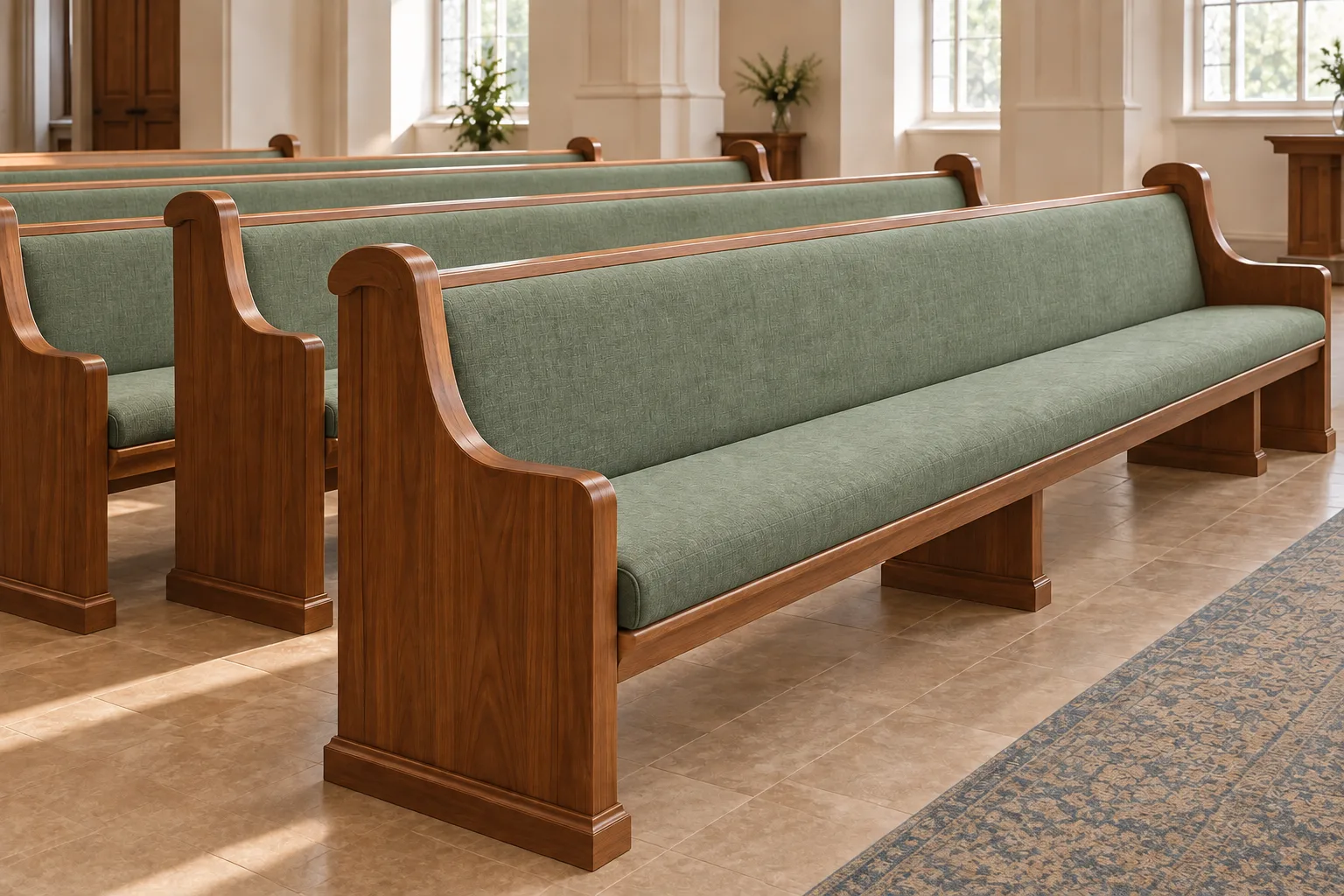 Church pew upholstery concept with sage-green padded seats and backs in walnut frames