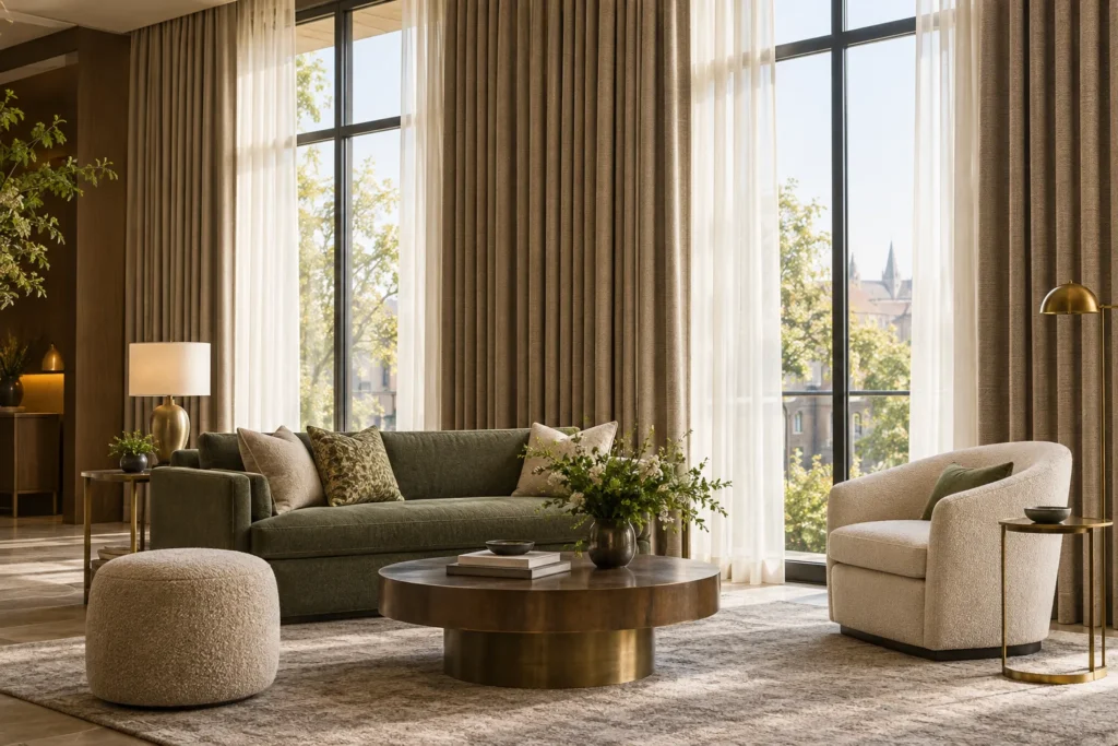 Full-length drapery panels and sheers coordinated with upholstered seating