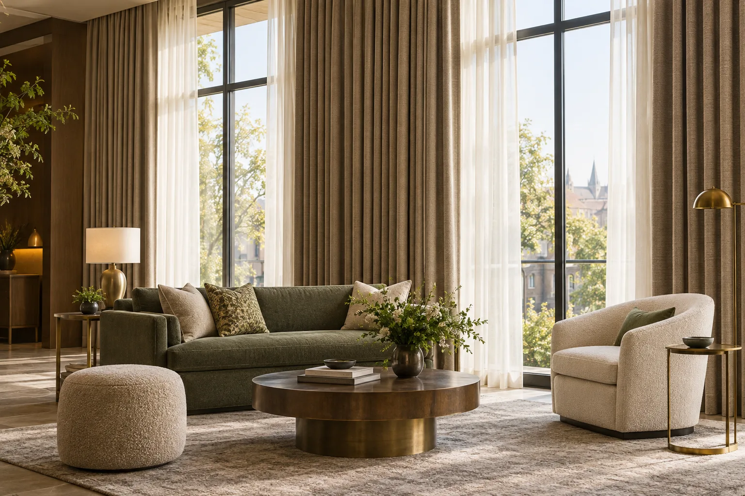 Taupe drapery panels and ivory sheers coordinated with green and ivory hotel lounge seating