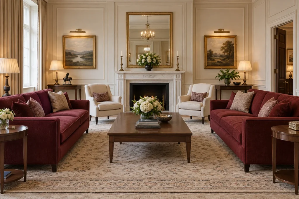 Upholstered sofas and armchairs arranged in a reception room