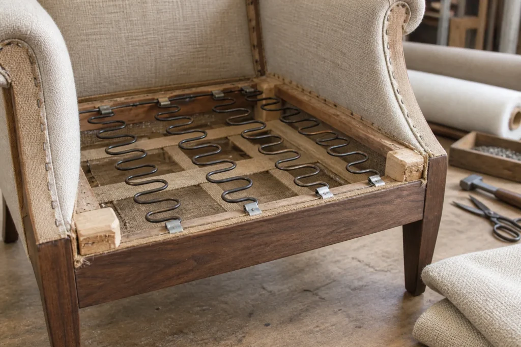 Exposed hardwood chair frame with steel seat springs