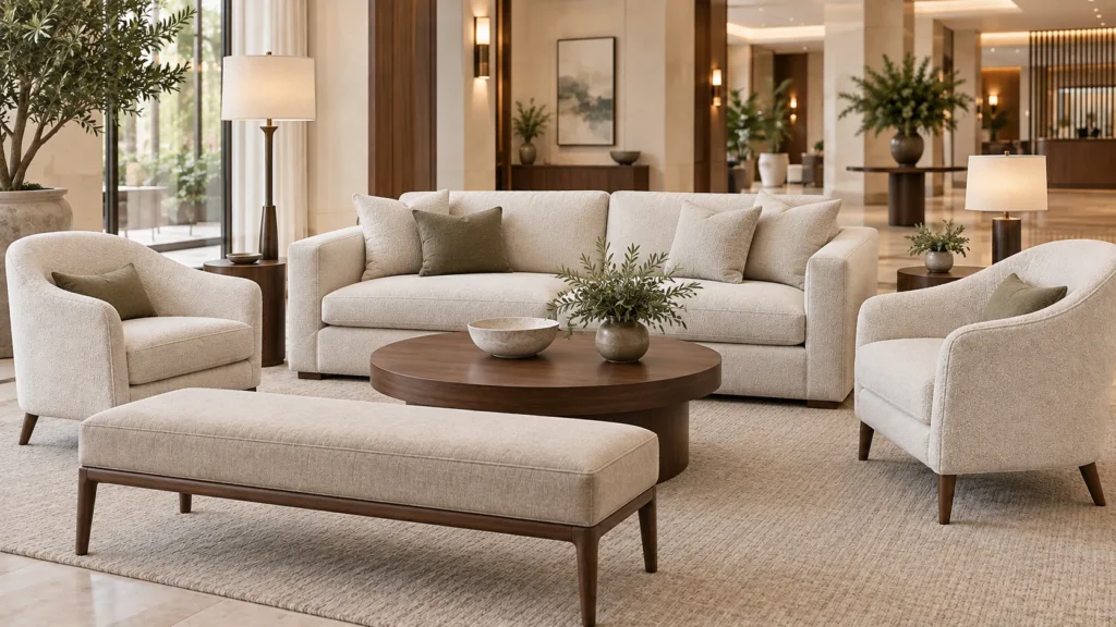 Ivory upholstered lounge seating with coordinated walnut furniture