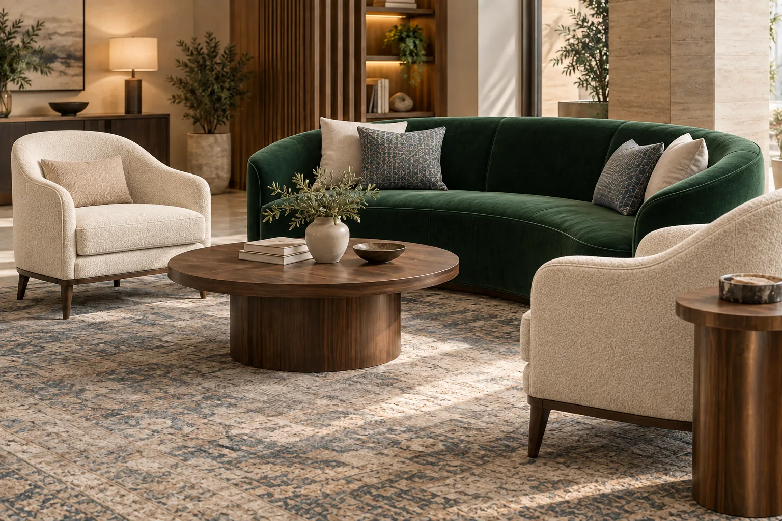 Hotel lounge design concept with a curved green sofa and ivory upholstered chairs