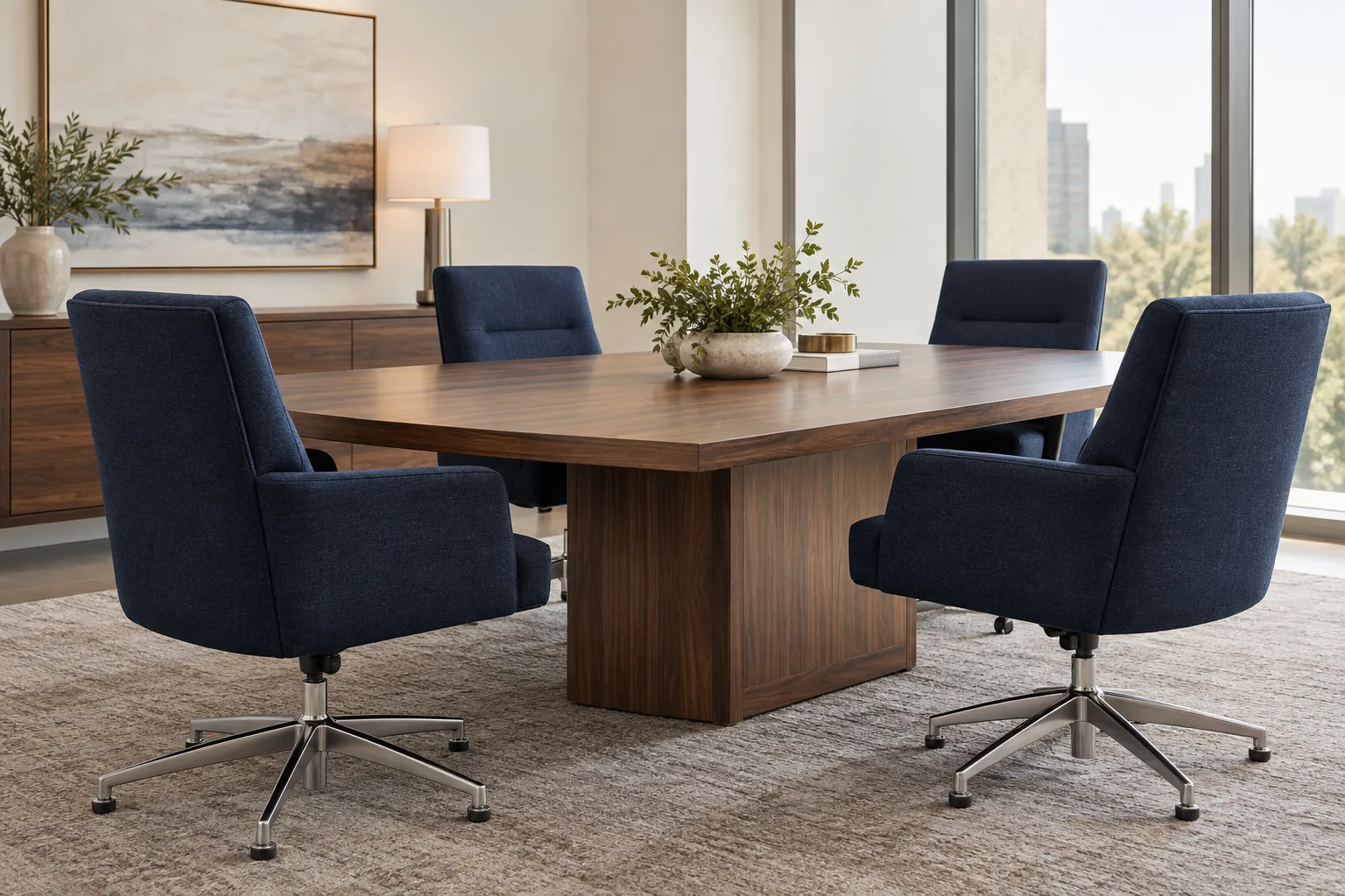Navy upholstered conference chairs around a walnut meeting table