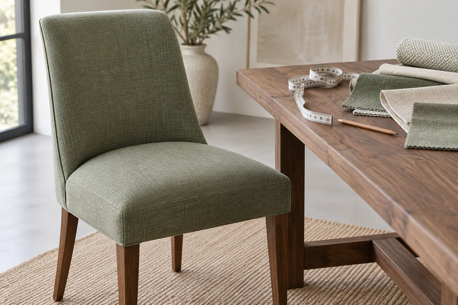 Sage upholstered chair beside fabric samples and a measuring tape on a worktable