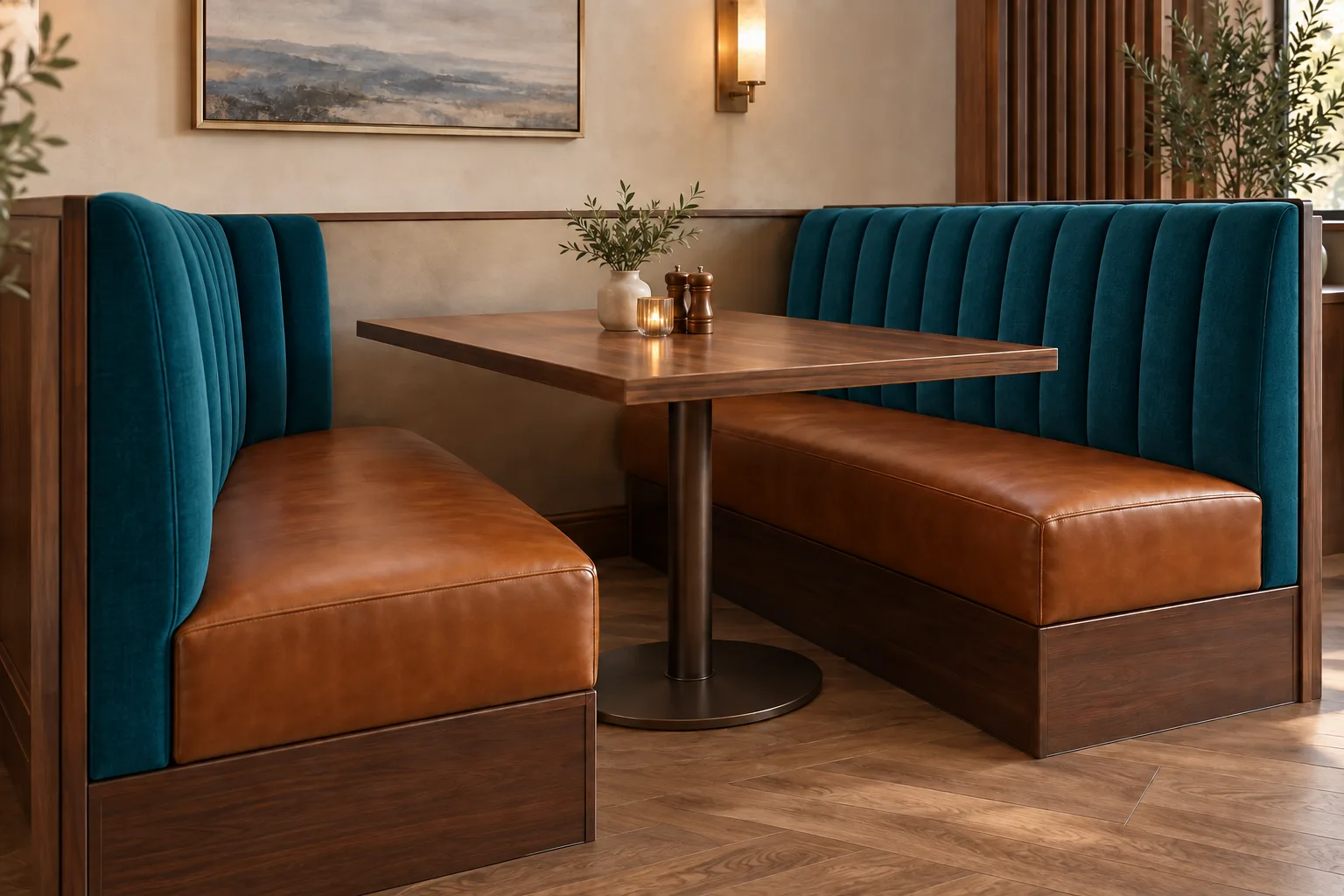 Restaurant booth concept with teal channeled backrests and cognac upholstered seats