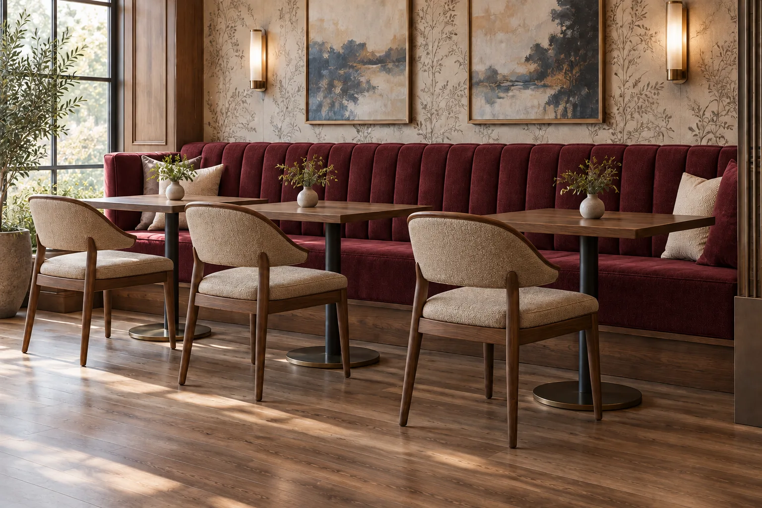 Restaurant seating concept with a burgundy banquette and sand-colored upholstered dining chairs