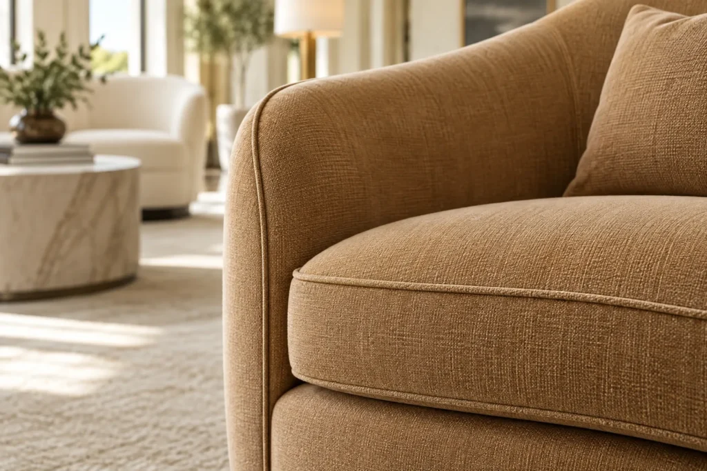 Tailored chair arm with cushion piping and woven upholstery