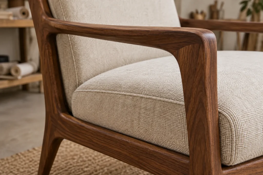 Walnut chair frame with neatly tailored oatmeal upholstery